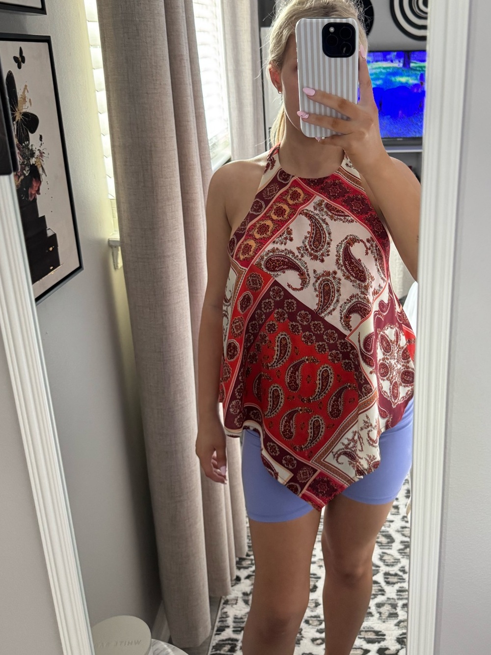 Bishop + Young Paisley Halter Tie Back Top Size L Red Burgundy Boho